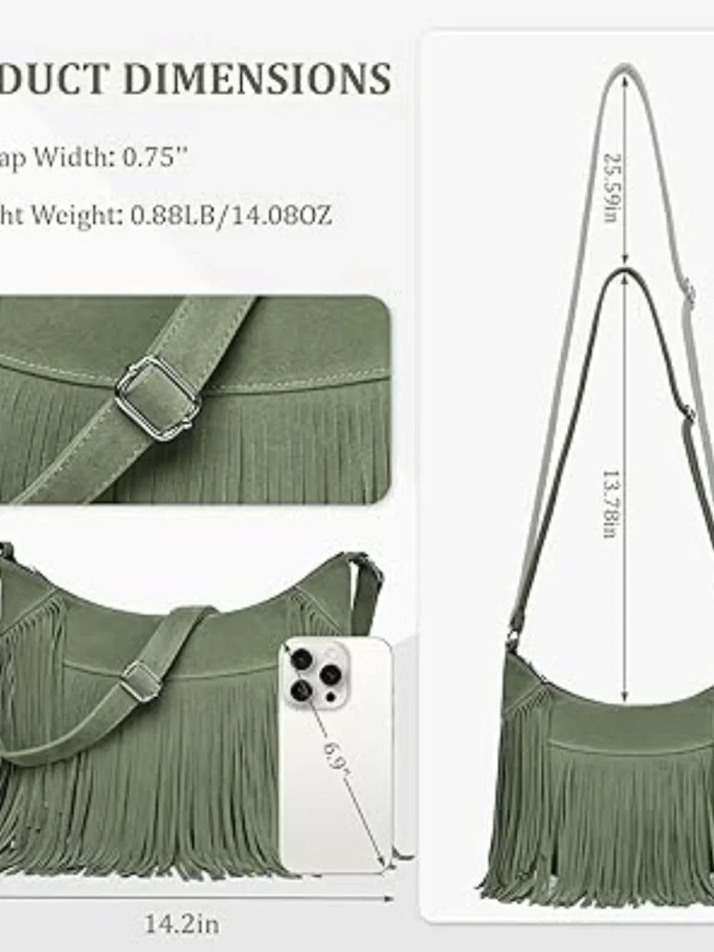 Boho Hobo Crossbody Bag Fringe Tassel Western PU‎ Leather Purse green